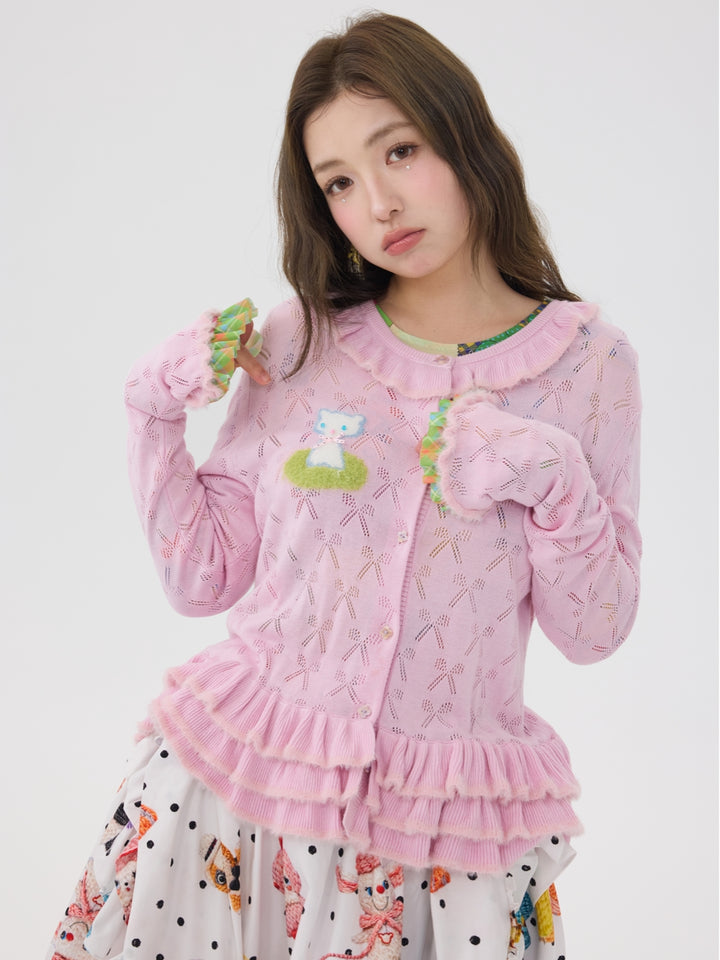 Cute Pink Ruffle Hem Knit Cardigan