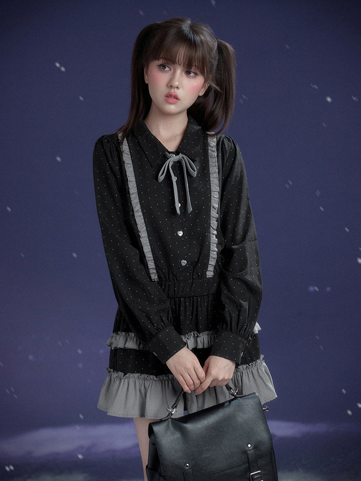 Dark Gray Polka Dot Ruffle Preppy Shirt Dress