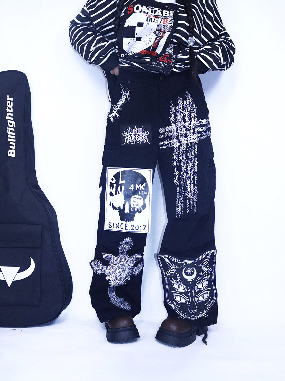 Black Gothic Cat Cross Cargo Pants