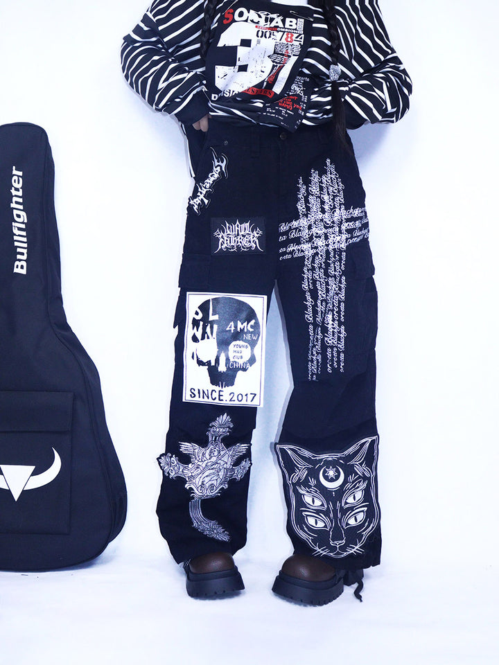 Black Gothic Cat Cross Cargo Pants