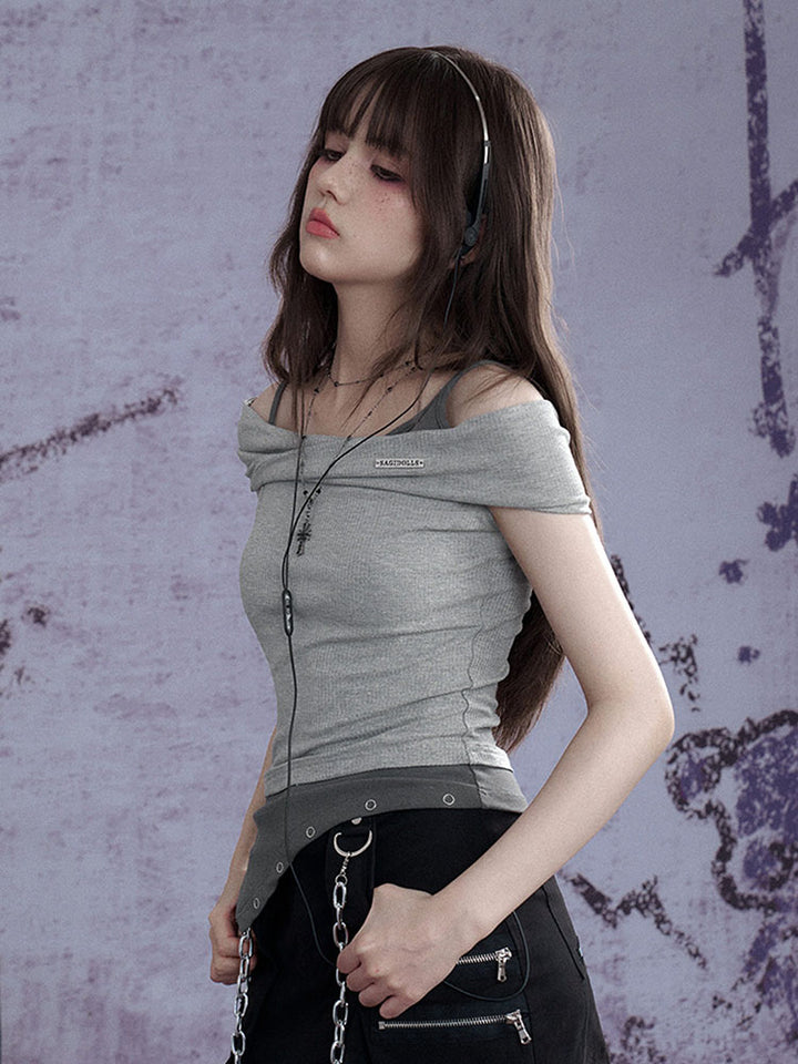 Subcul Grunge Off-Shoulder Asymmetric Ribbed Top