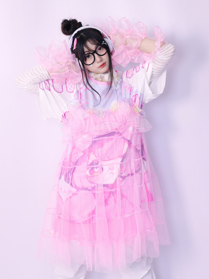 Pink Sheer Ruffle Tiered Cami Dress