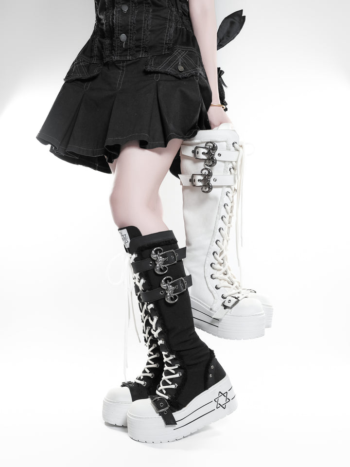 Platform Lace-Up Buckle Knee-High Boots