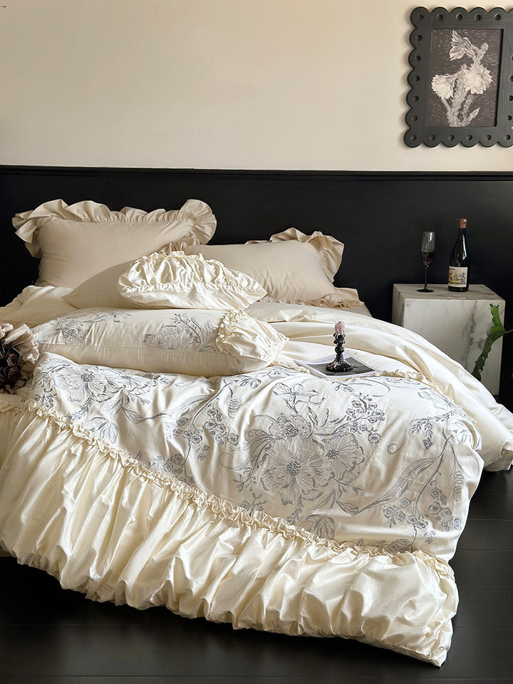Floral Embroidery Ruffled Lace Cotton Bedding Set