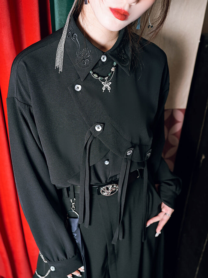 Dark-style asymmetrical embroidered shirt