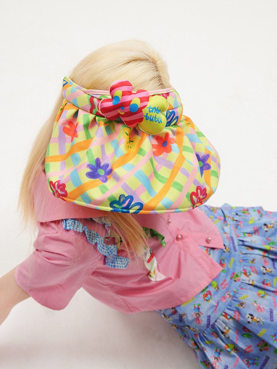 Yellow Floral Bow Wide Brim Visor
