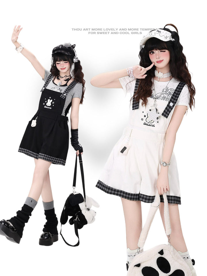 Bunny Plaid Trim Suspender Shorts