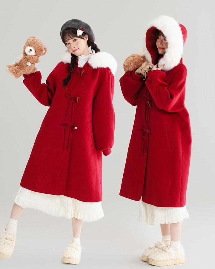 Red Wool Coat with Lantern Sleeves