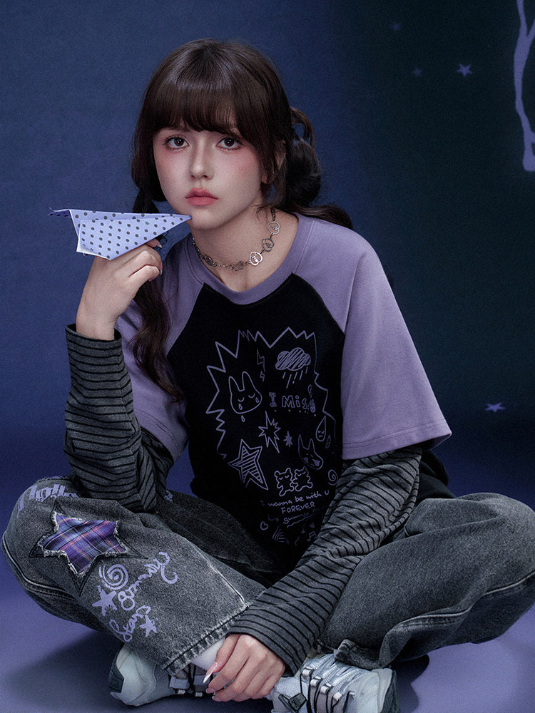 Black Purple Graffiti Print Faux Two Piece Top