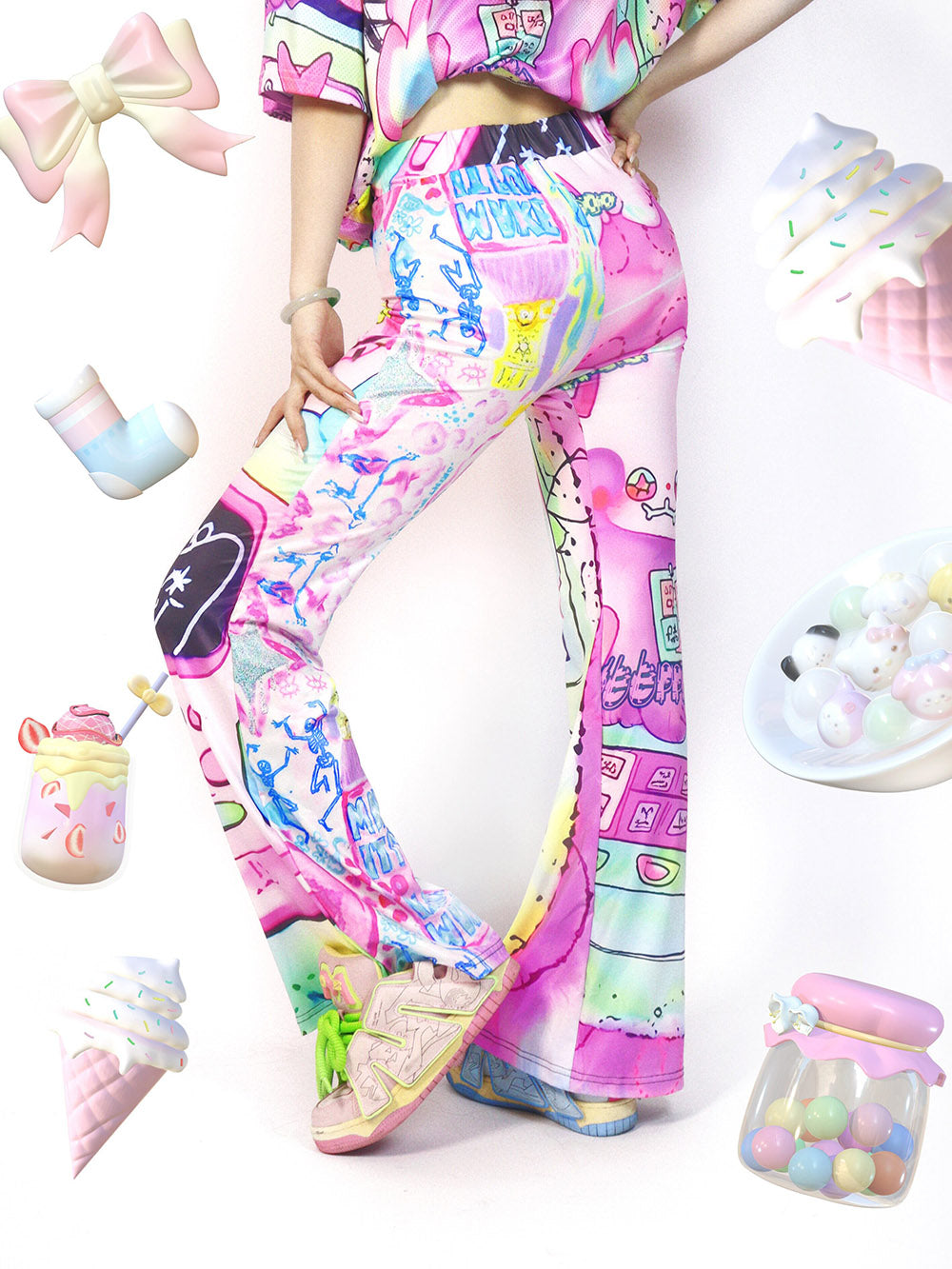 Y2K Pastel Phone Graphic Wide Leg Pants