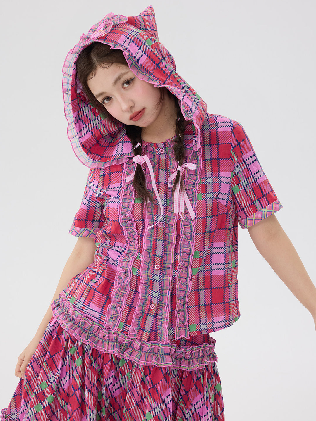 Pink Plaid Hooded Top Skirt