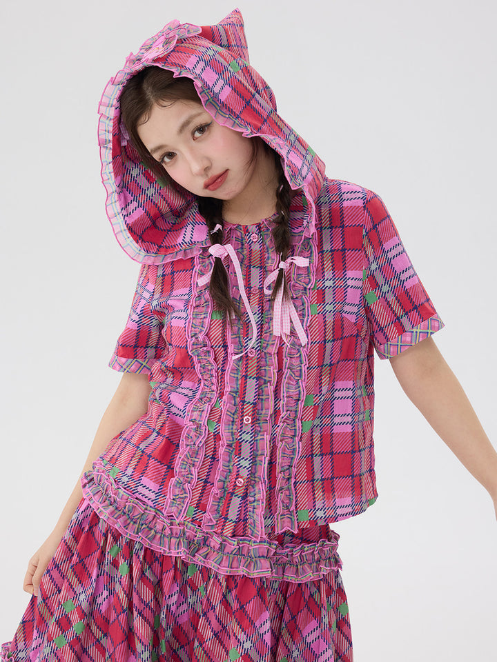 Pink Plaid Hooded Top Skirt