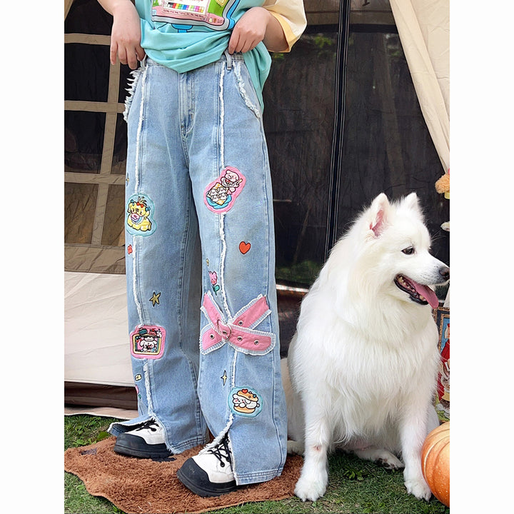 Cartoon Embroidery Flared High-waisted Jeans