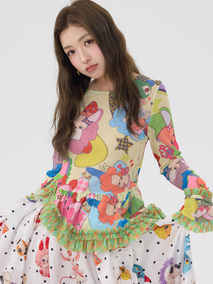 Colorful Cartoon Ruffle Layering Top