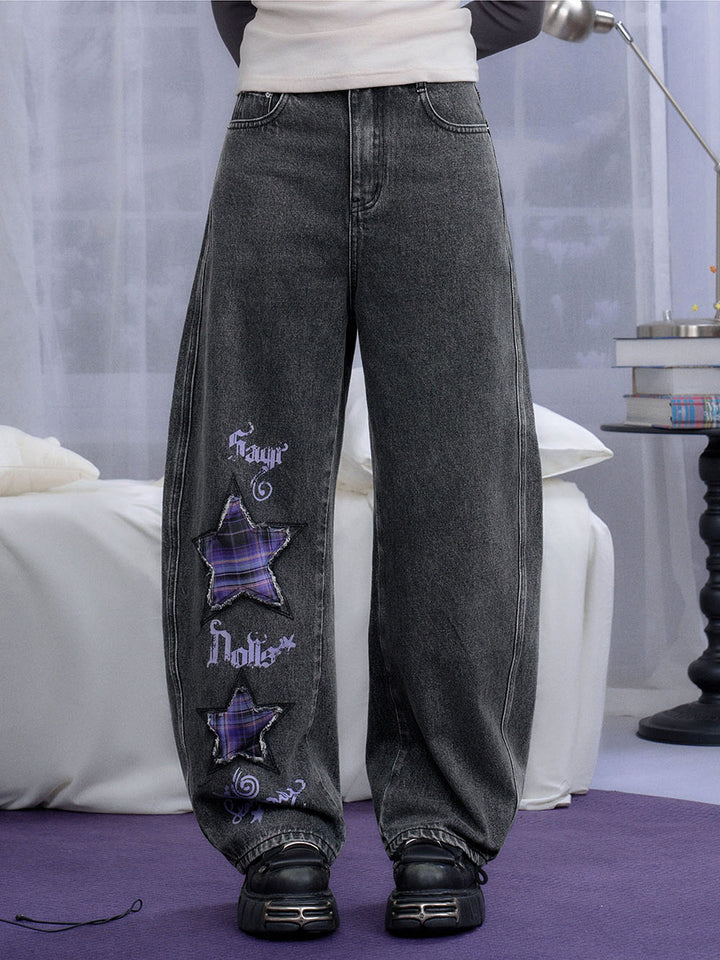 Dark Gray Plaid Star Wide Leg Jeans