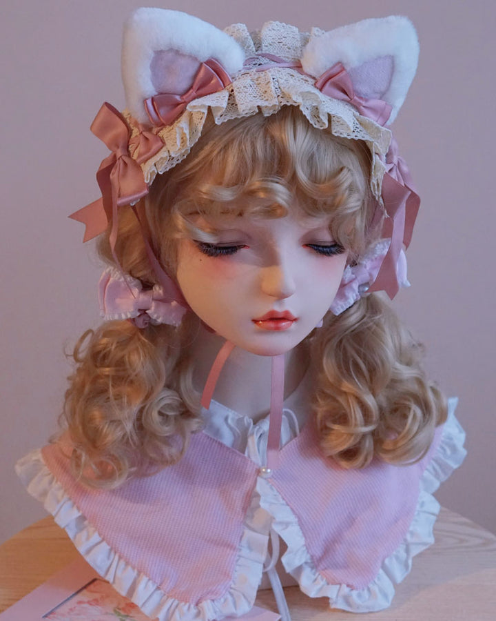 Pink and White Cat Ear Bow Headband