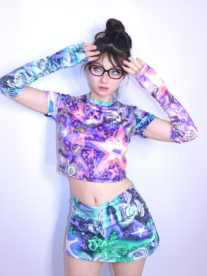 Y2K Purple Star Graphic Crop T-Shirt