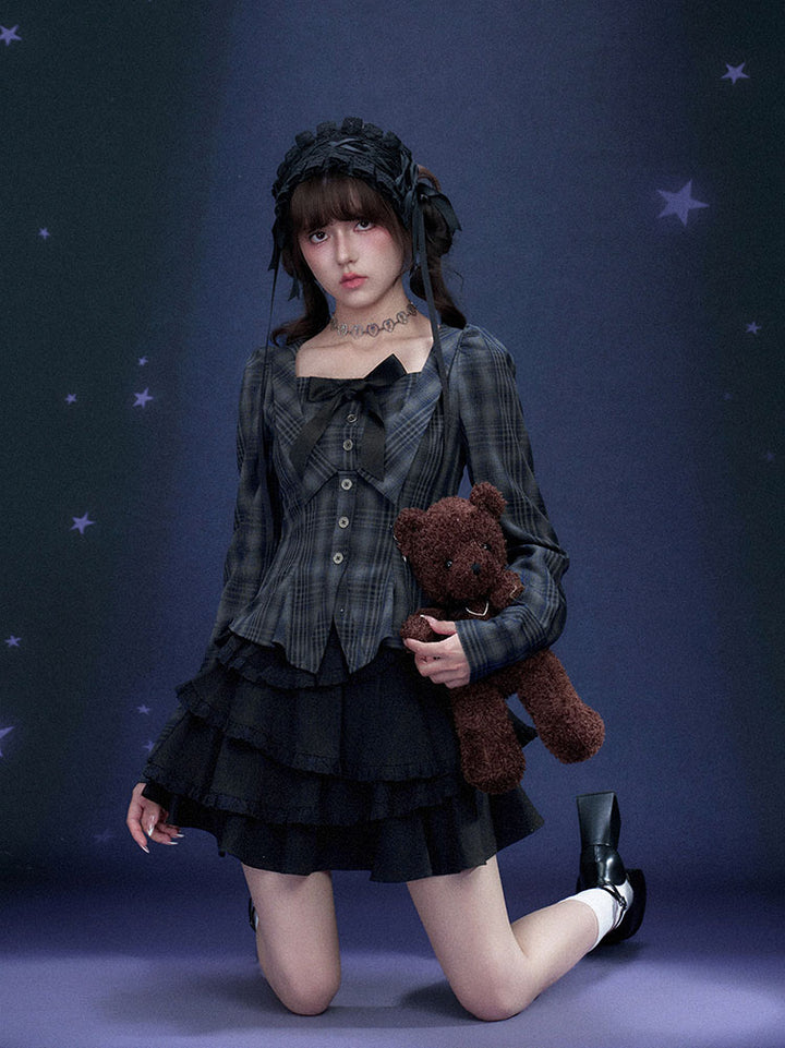 Jirai Plaid Bow Corset Long Sleeve Top