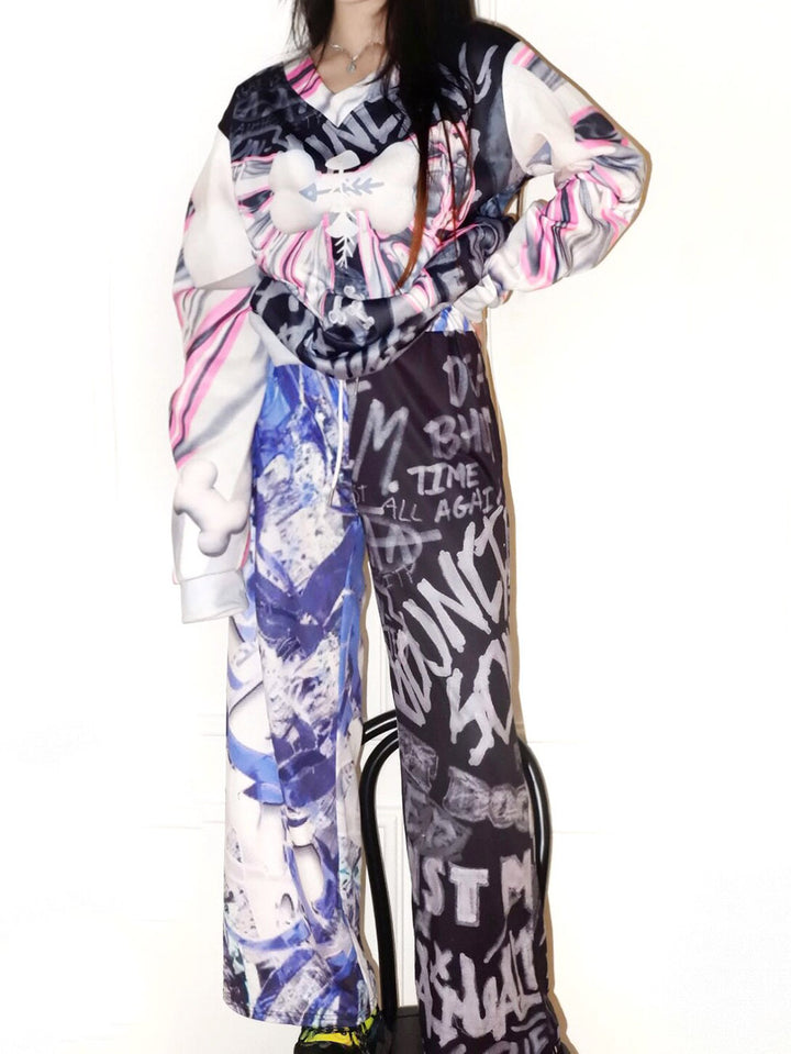Blue Black Graffiti Wide Leg Pants
