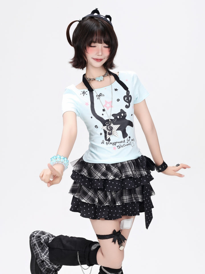 Faux Halter Kawaii Cat Graphic Tee
