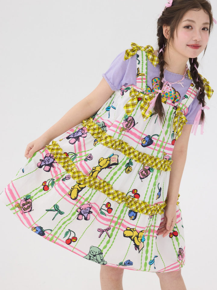Pastel Bear Print Ruffle Bow Dress