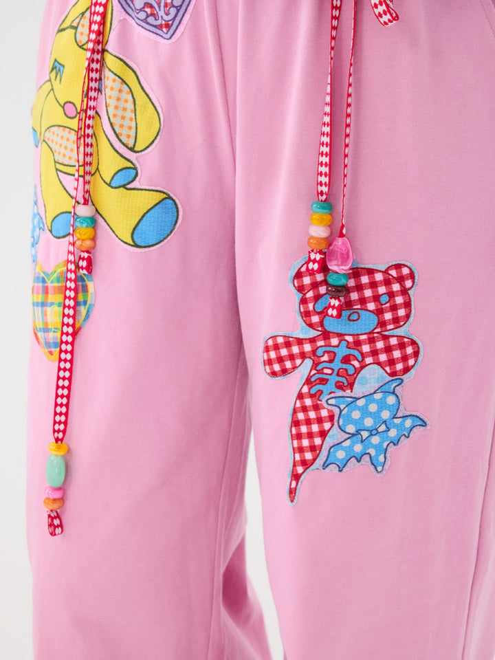 Pink Teddy Bear Patch Wide Leg Pants