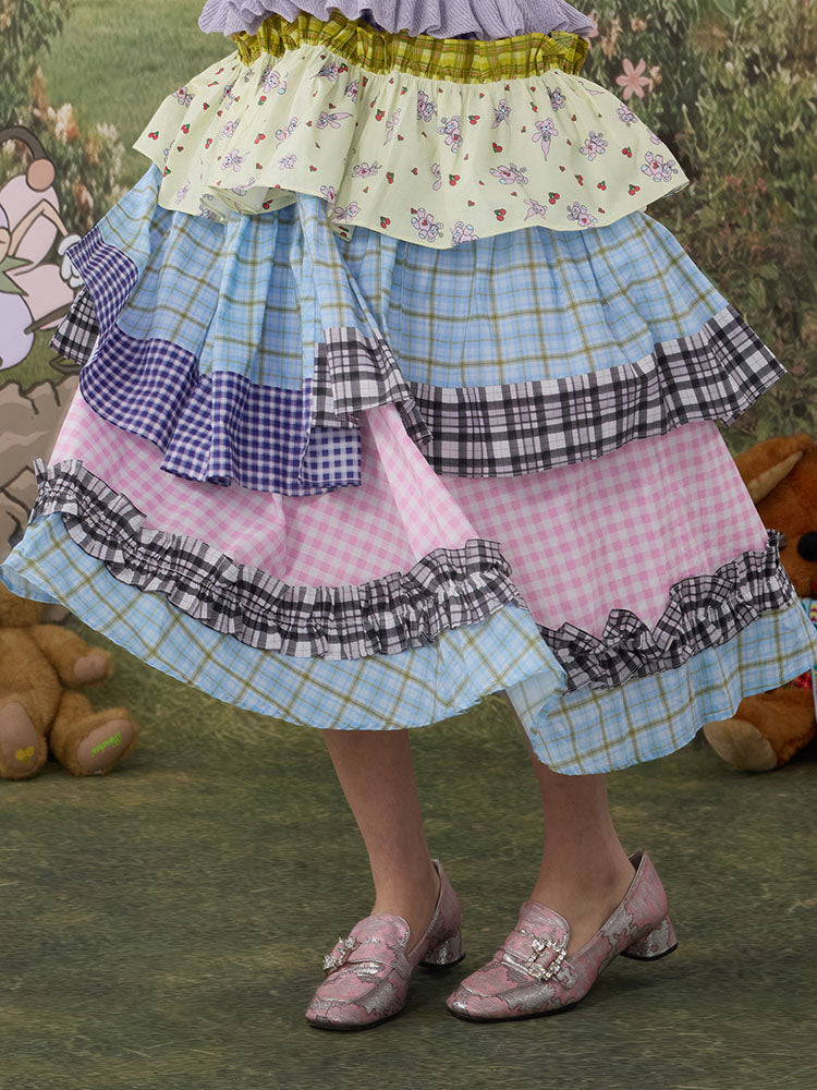 Pastel Plaid Tiered Midi Skirt
