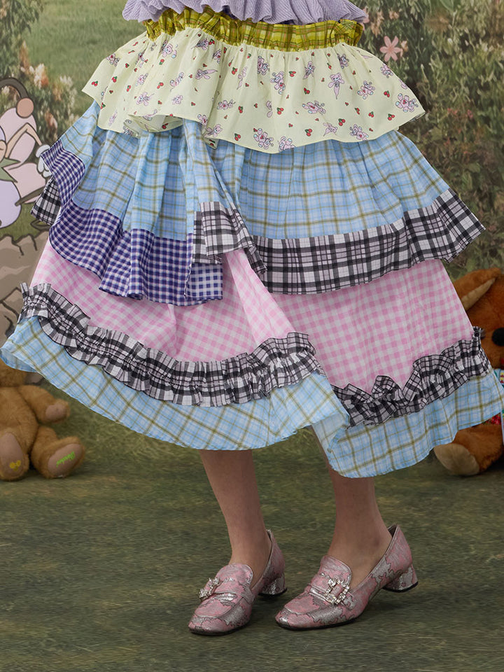 Pastel Plaid Tiered Midi Skirt