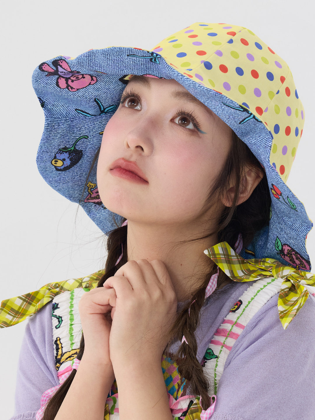 Blue Cartoon Polka Dot Wavy Bucket Hat