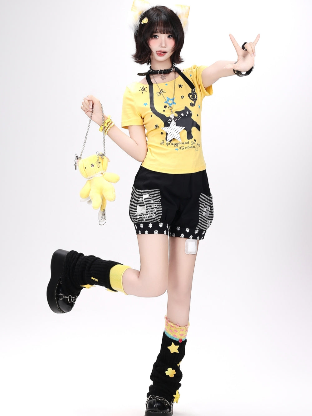 Kawaii Cat Paw Striped Shorts