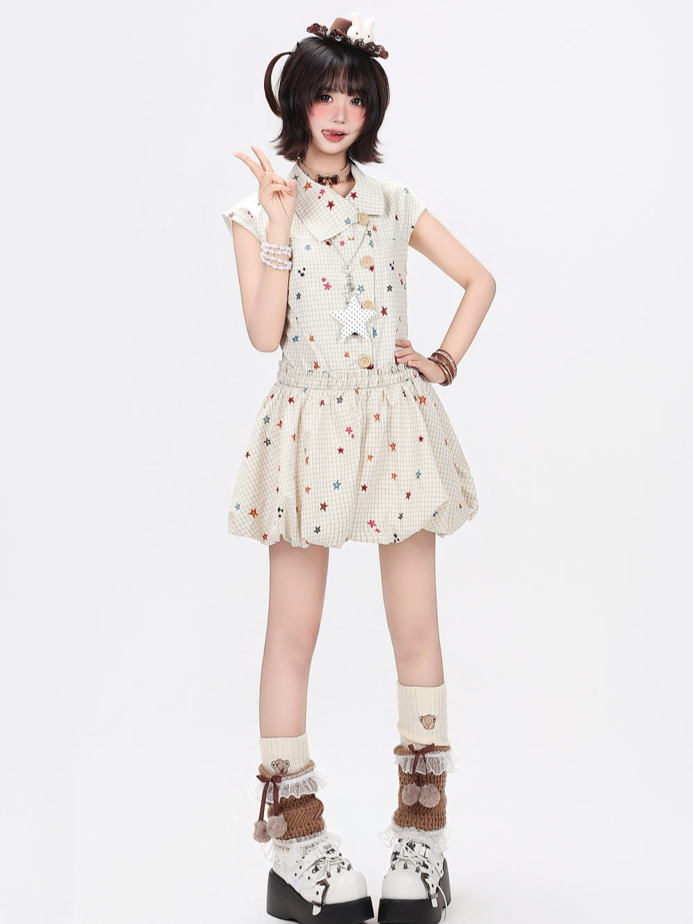 Star Print Plaid Bubble Dress