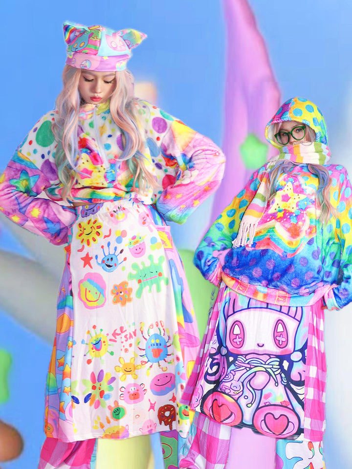 Pastel Star Print Fuzzy Half Zip Pullover