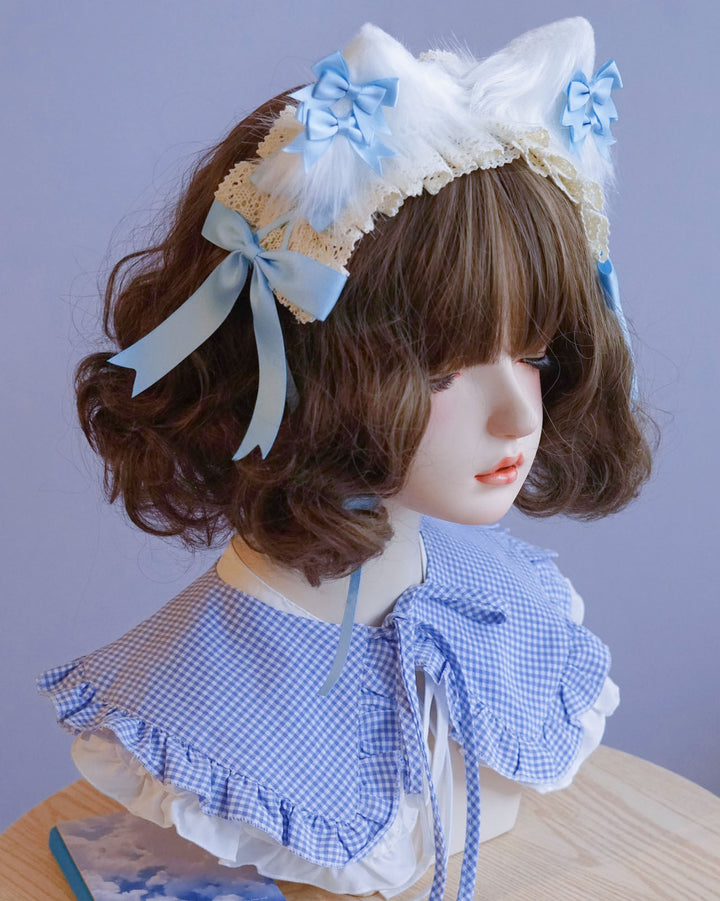 Light Blue Bow Lace Cat Ear Headband