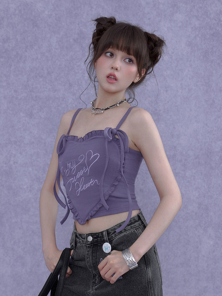 Heart Ruffle Embroidery Lace-Up Cami Top