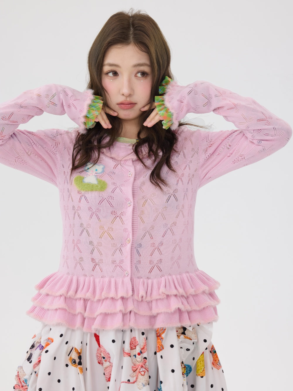 Cute Pink Ruffle Hem Knit Cardigan