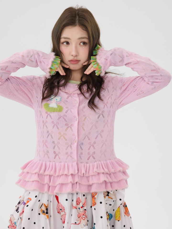 Cute Pink Ruffle Hem Knit Cardigan