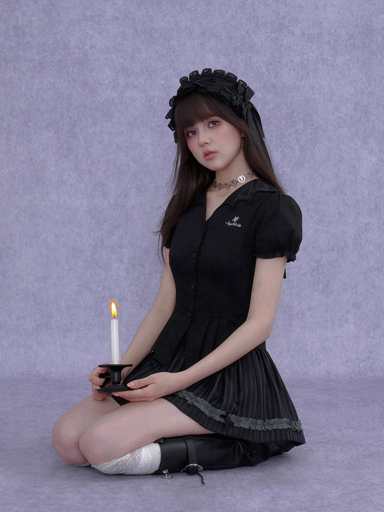 Pinstripe Ruffle Lace Bow Mini Skort