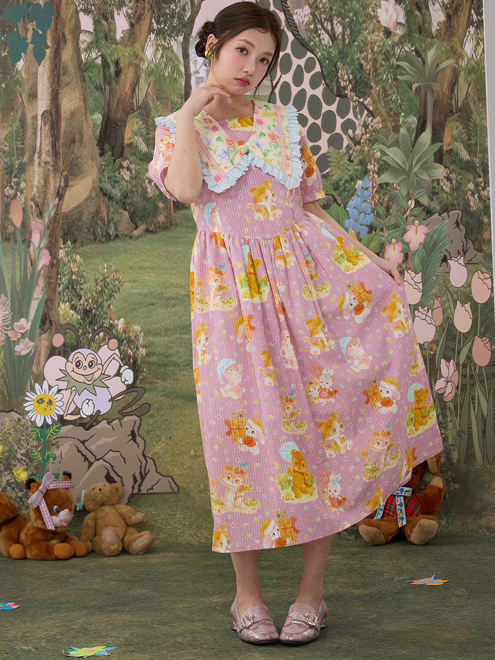 Pink Animal Print Sailor Collar Midi Dress