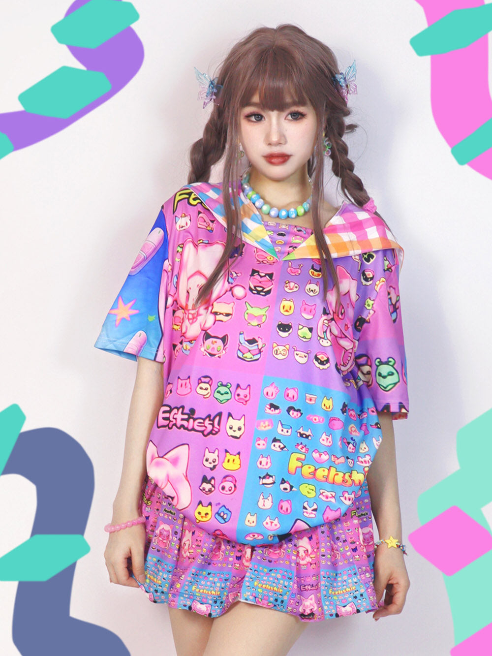 Kawaii Cat Print Sailor Collar T-Shirt