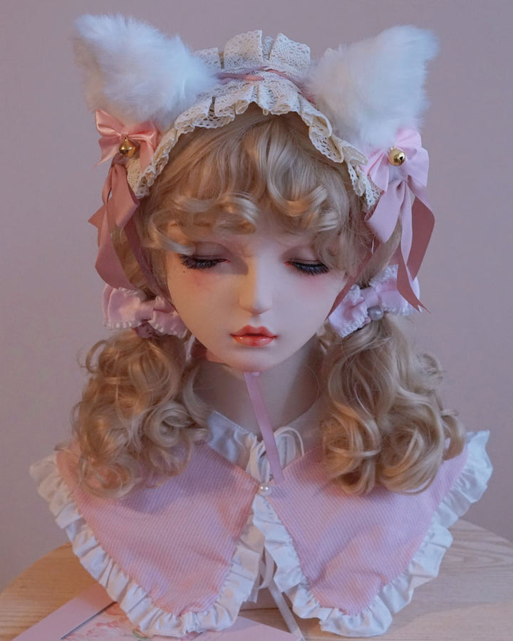 White Cat Ear Fluffy Headband with Bell and Bow