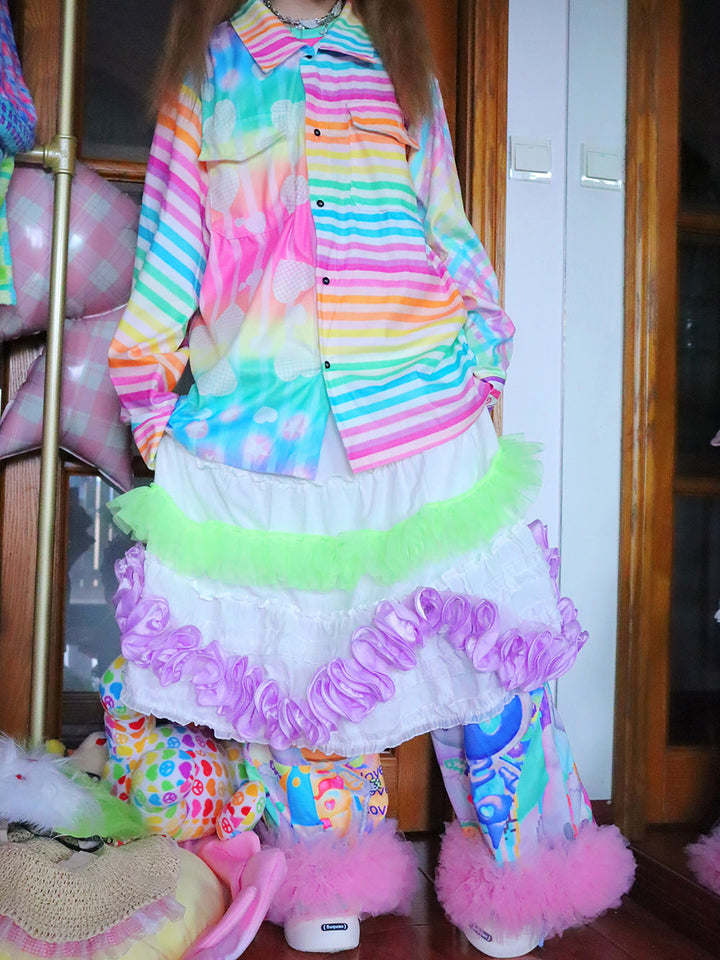 White Fairy Kei Contrast Ruffle Midi Skirt