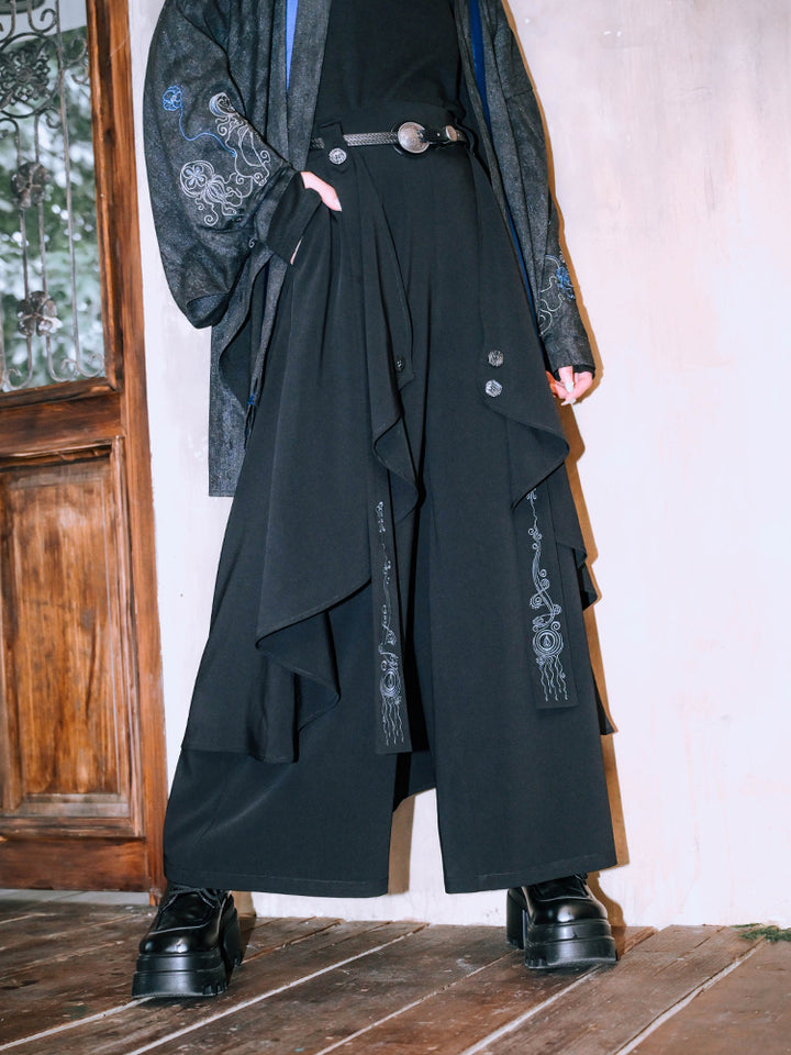 Chinese-style Embroidered Double-layer Asymmetrical Black Wide-leg Pants