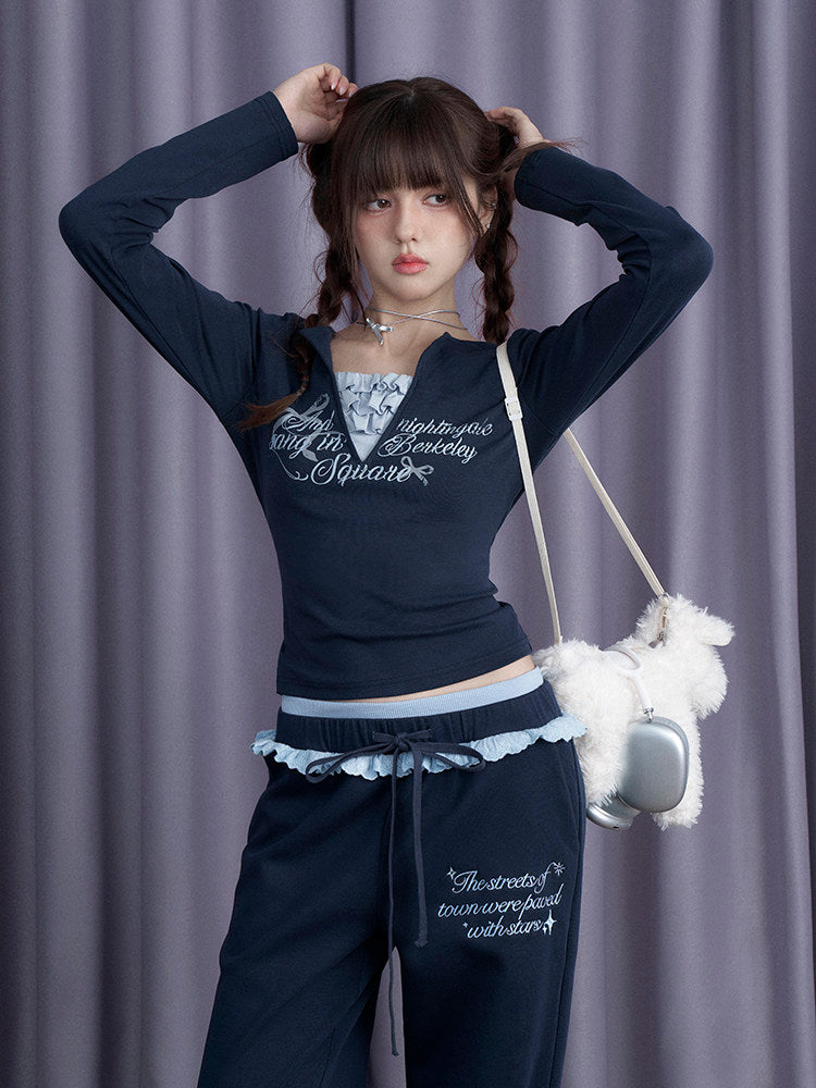 Navy Ruffle Waist Wide Leg Pants