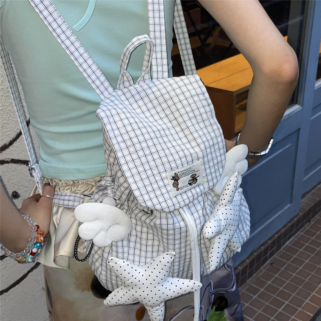 Angel Wings & Polka Dot Stars Grid Drawstring Backpack