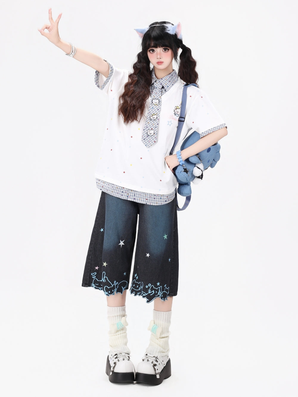 Star Print Collar Tie T Shirt