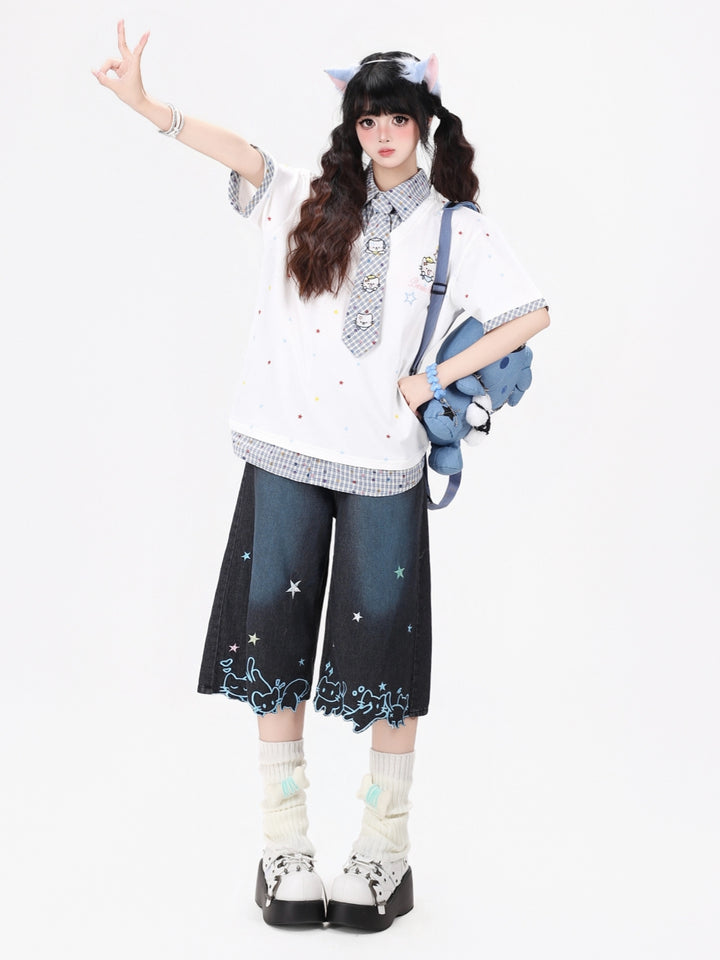 Star Print Collar Tie T Shirt