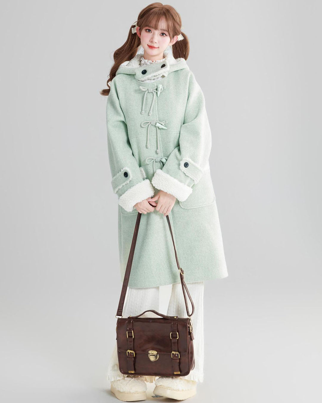 Mint Green College-style Thickened Wool Coat for Winter