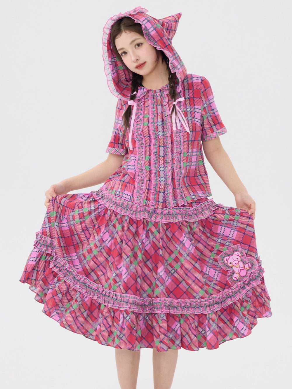 Pink Plaid Hooded Top Skirt
