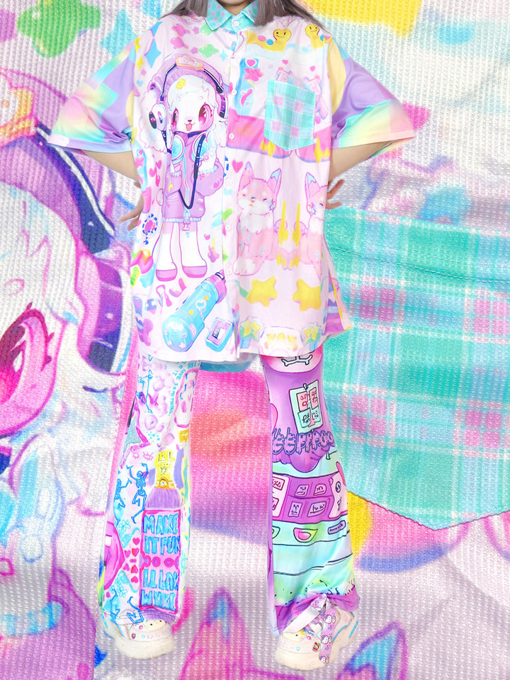 Kawaii Pastel Cartoon Button Up Shirt