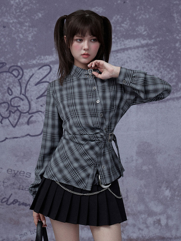 Grunge Asymmetric Plaid Buckle Neck Top